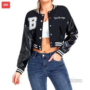 Women's Crop Varsity Bomber Jacket with Leather Sleeves, Polyester